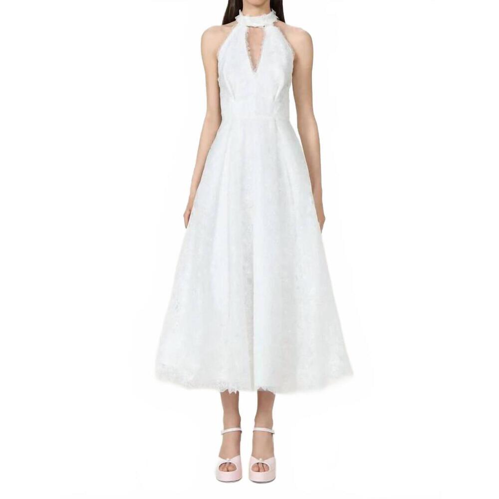 NEW COSTARELLOS lavinia embroidered organza halter neck midi dress in off white